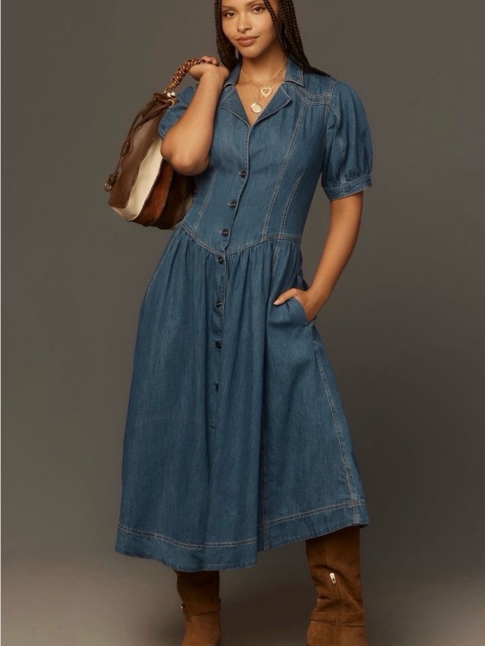 Anthropologie Blue Denim Button-Front Midi Dress